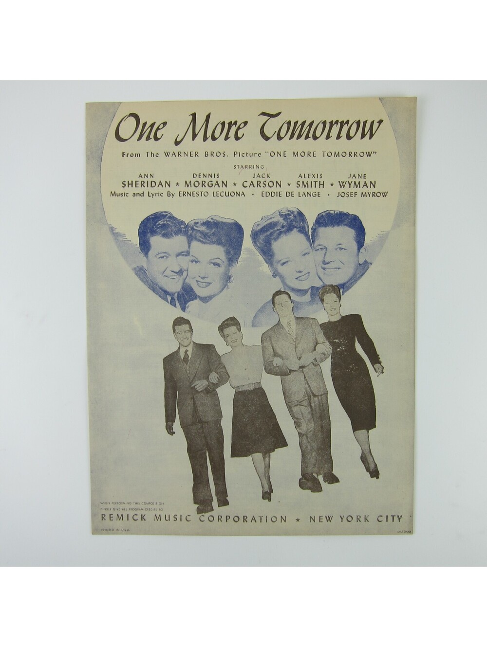 Sheet Music One More Tomorrow Ann Sheridan Dennis Morgan Jack Carson Vintag 1945